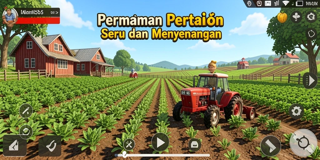 Tampilan gameplay <strong>INS55</strong> dengan lahan pertanian yang indah dan tanaman yang subur.
