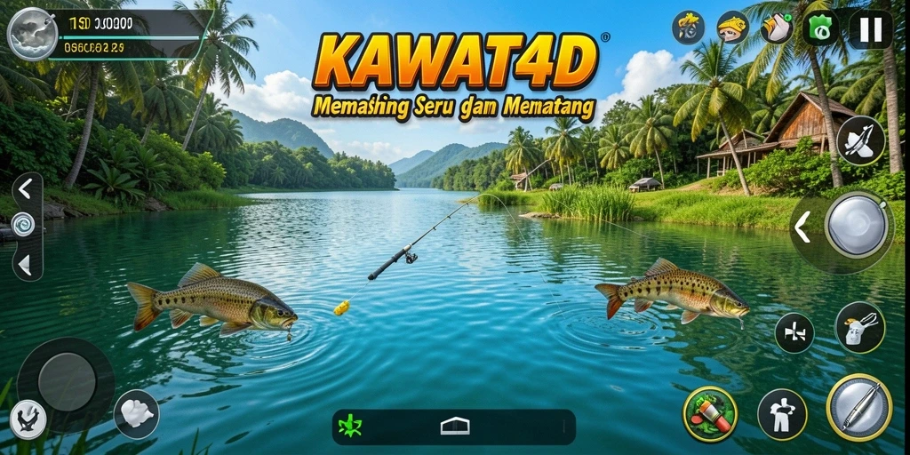 Tampilan gameplay KAWAT4D yang menampilkan aksi memancing yang dinamis.
