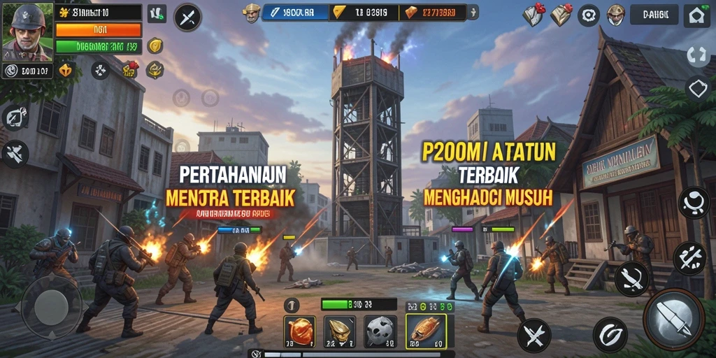 Gameplay P200M menunjukkan menara beraksi melawan gelombang musuh.