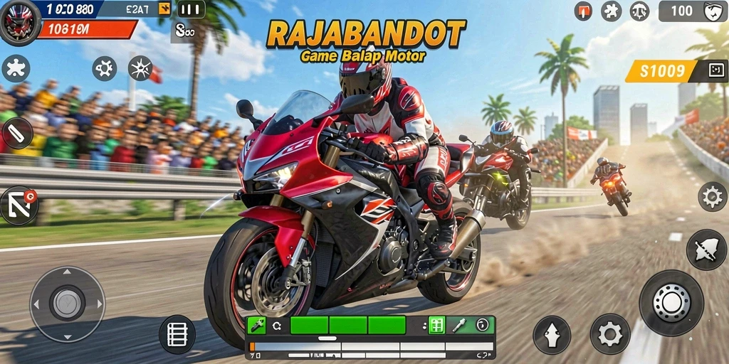 Screenshot menampilkan aksi balap motor yang mendebarkan dalam RAJABANDOT.