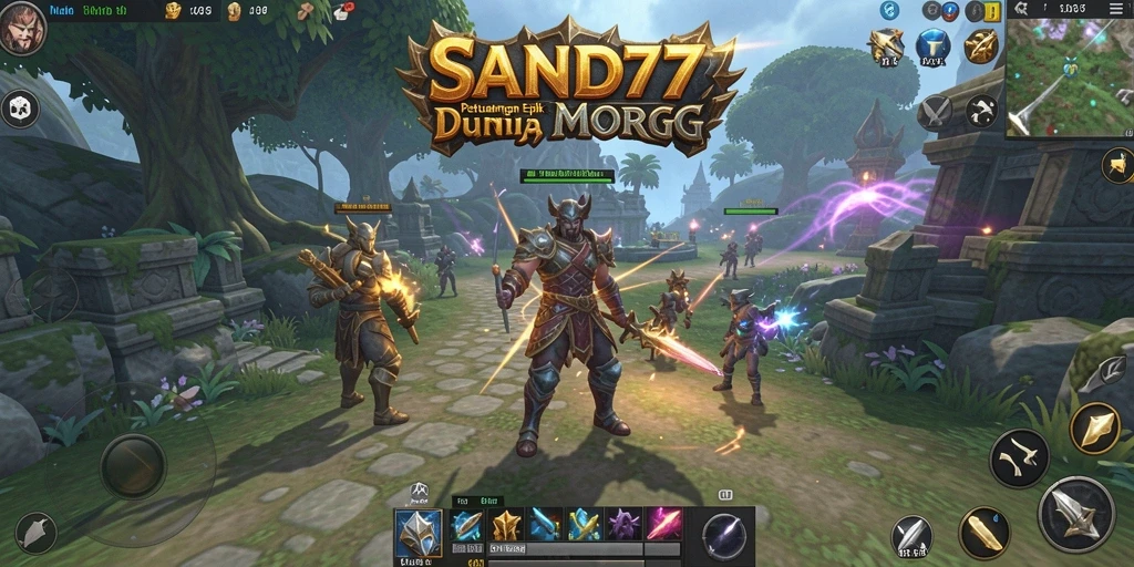 Screenshot gameplay SAND77 menunjukkan pertempuran seru dalam dunia MMORPG.