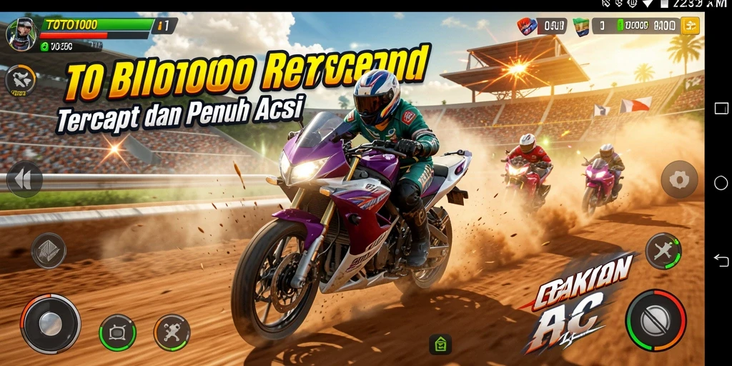 Screenshot gameplay TOTO1000 menampilkan aksi balapan motor yang mendebarkan.