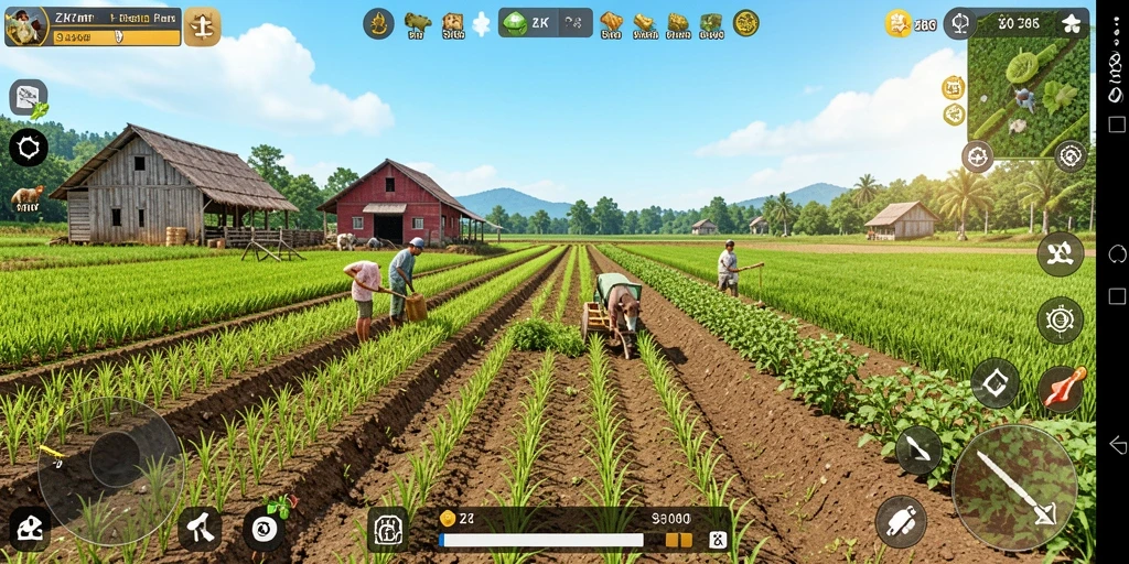 Tampilan gameplay ZK7 yang penuh warna dengan aktivitas bertani.