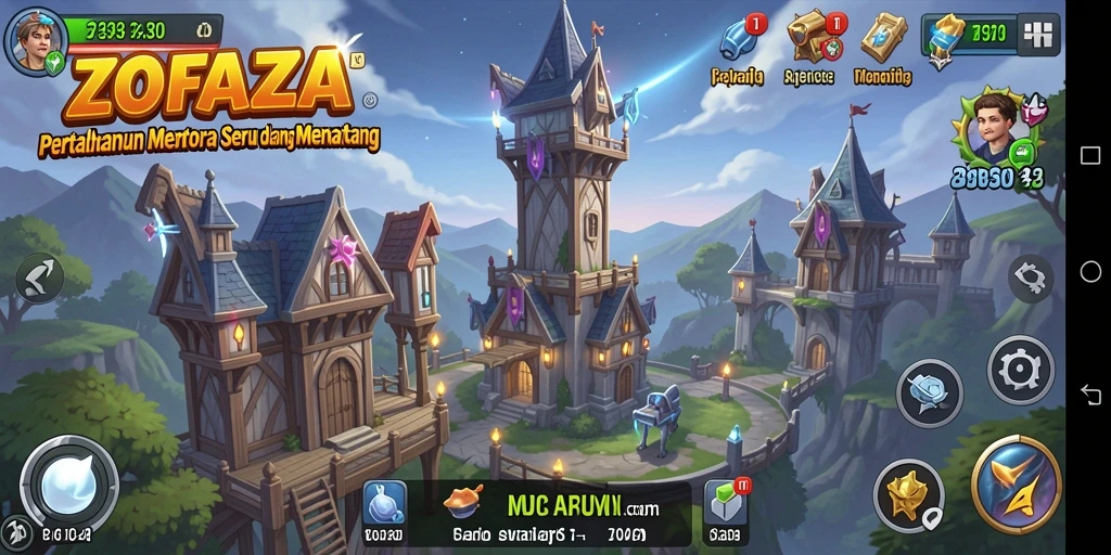 Screenshot gameplay ZOFAZA menampilkan menara dan musuh yang terlibat.
